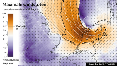 kaart met maximale windstoten van orkaan Kirk die in eerste instantie op Nederland leek af te koersen
