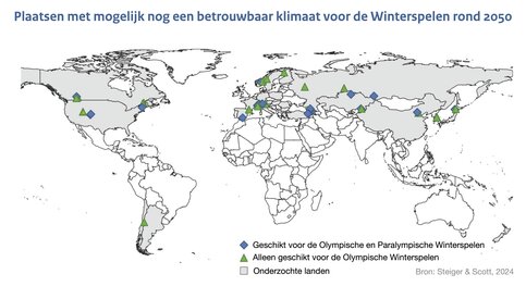 Kaart van de wereld met mogelijk nog geschikte plaatsen voor de Olympische en Paralympische winterspelen rond 2050