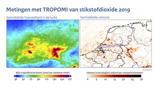 Kaarten van Nederland met de hoeveelheid stikstofdioxide in de lucht en de hoeveelheid uitgestoten stikstofdioxide voor 2019 op basis van TROPOMI satellietmetingen