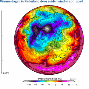 Animatie van de wind op 5,5 kilometer hoogte (contourlijnen) en temperatuur op 1,5 kilometer hoogte (in kleur) boven West-Europa van 5 tot 10 april 2026