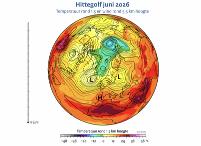 Animatie van kaartje van Europa met in contouren de wind rond 5,5 km hoogte en in kleur de temperatuur rond 1,5 km hoogte van 17 tot en met 23 juni 2026.