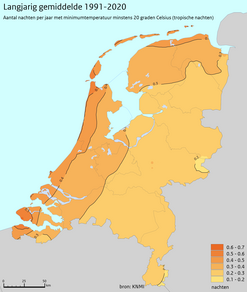 Kaart van Nederland met in kleur het gemiddeld aantal tropische nachten per jaar in de periode 1991-2020. 