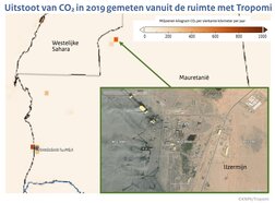 Kaartje van Mauretanië met in kleur de uitstoot van CO2 gemeten met Tropomi in 2019
