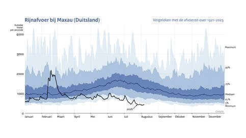 Lijngrafiek met de rijnafvoer bij Maxau in 2026