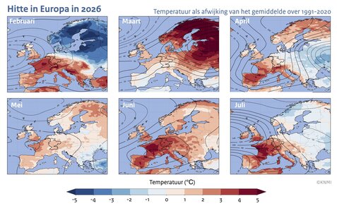 Kaartjes van Europa voor de maanden februari tot en met juli 2026 met de afwijking in de temperatuur ten opzichte van het 1991-2020 gemiddelde