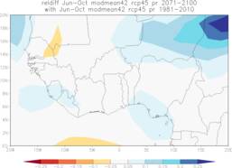 Figuur 3. Verandering in regen in juni-oktober in West Afrika tussen 1981-2010 en 1971-2100 voor het RCP4.5 scenario, met een wereldgemiddelde temperatuur van ongeveer 2,5 ºC boven pre-industrieel in 2100. Een waarde van +0.10 betekent 10% meer regen etc.