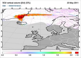 Pluim van SO2 (zwaveldioxide) gemeten door het Nederlands-Finse satellietinstrument OMI op 23 mei 2011 (Bron: KNMI)