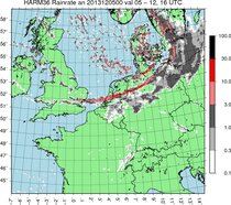 kaart met KNMI-weermodel HARMONIE strekte de scherpe buienlijn bij de stormdepressie van 5 december zich over een groot gebied uit