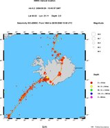 Kaart met de historische seismiciteit van IJsland en omgeving van 1964 tot heden. (Bron: EMSC)
