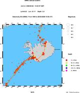 Kaart met de historische seismiciteit van IJsland en omgeving van 1964 tot heden. (Bron: EMSC)