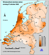 Windsnelheid, sterkste windstoten op 27 oktober 2002
