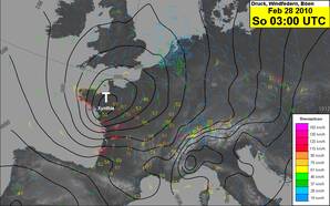 Windsnelheden gemeten rond storm Xynthia op 27 en 28 februari 2010 (Bron: MeteoSwiss) 