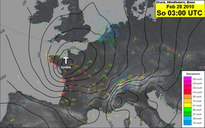 Windsnelheden gemeten rond storm Xynthia op 27 en 28 februari 2010 (Bron: MeteoSwiss) 