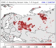 Figuur 3: Absorberende Aerosol Index (AAI) voor de periode 1-9 augustus 2010. De witte stip geeft Moskou aan. (KNMI, Gijs Tilstra). 
