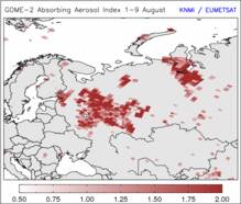 Figuur 3: Absorberende Aerosol Index (AAI) voor de periode 1-9 augustus 2010. De witte stip geeft Moskou aan. (KNMI, Gijs Tilstra). 
