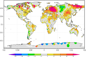 Afwijking temperatuur juli 2010: bijna overal warmer dan in 1971-2000 normaal was. 