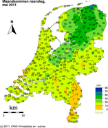Maandsommen neerslag in mei 2011, zie ook MONV (Bron KNMI)