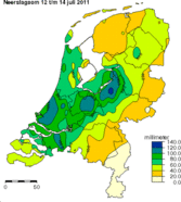 Neerslag van 12 tot en met 14 juli, aftapping om 10 uur 's ochtends (Bron: KNMI)