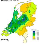 Neerslag van 12 tot en met 14 juli, aftapping om 10 uur 's ochtends (Bron: KNMI)