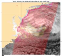 Satellietbeeld van MetOp-A met de windrichting en sterkte van orkaan Sandy. (Bron: KNMI)