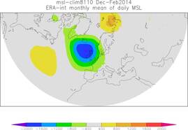 Afwijking van de luchtdruk in december-februari 2013/2014 vergeleken met 1980-2010 in Pa (Bron: ERA-interim/ECMWF) 
