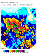 Radarsombeeld van de neerslag tussen 27 en 30 juli 2014. Op verschillende plaatsen viel meer dan 100 mm regen (Bron: KNMI) 