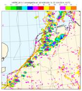 Het weermodel Harmonie van het KNMI bracht de verhoogde buienactiviteit op 11 en 12 augustus 2014 langs onze kust perfect in kaart (bron: KNMI)  