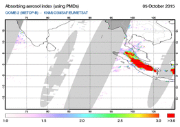 De absorbing aerosol index geeft aan of en hoeveel absorberend fijnstof in de atmosfeer zit. De rook van de bosbranden veroorzaakt een hoge waarde.De metingen zijn verricht door het satellietinstinstrument GOME-2 aan boord van EUMETSAT's MetOp (KNMI). 