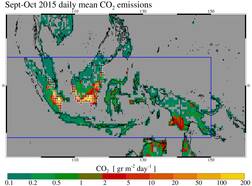 Gemiddelde dagelijkse CO2-uitstoot van de branden zoals vastgesteld in de KNMI-studie. ©KNMI