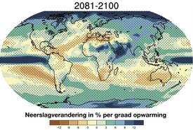 Figuur 3. Berekende verandering in neerslag door klimaatmodellen voor 2081-2100. In de gestippelde gebieden komen de verschillende modellen goed met elkaar overeen. Bron: IPCC 5de assessment report WG1 Chapter 12.