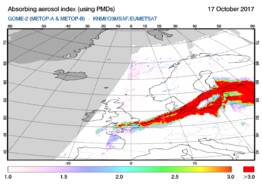 Figuur 3. Satellietwaarneming van de hoeveelheid aerosolen op 17 oktober. Deze valt te vergelijken met de rookpluim zichtbaar op de satellietfoto op de homepage.