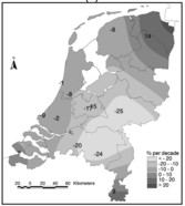 Figuur 3: trend in het aantal stormen (%/10jaar) die gemiddeld twee keer per jaar voorkomen, 1962–2002. Bron: Smits et al, Int. J. Climatolog., 2005