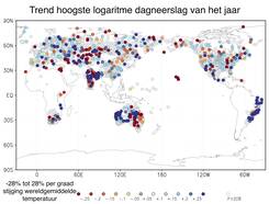 Figuur 3: trend in de logaritme van de hoogste daggemiddelde neerslag van het jaar per graad stijging van de wereldgemiddelde temperatuur. Bron: NOAA/NCEI/GHCN-D stations met minimaal 50 jaar data.