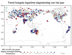 Figuur 3: trend in de logaritme van de hoogste daggemiddelde neerslag van het jaar per graad stijging van de wereldgemiddelde temperatuur. Bron: NOAA/NCEI/GHCN-D stations met minimaal 50 jaar data.