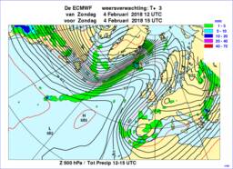 Figuur 3. Stroming op ca. 5 km hoogte op 4 februari. Het gebruikelijke hogedrukgebied boven de oceaan heeft een uitloper richting Scandinavië en boven het Iberisch Schiereiland ligt een lagedrukgebied. Dit geeft aanvoer van vochtige arctische lucht.