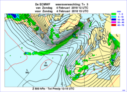 Figuur 3. Stroming op ca. 5 km hoogte op 4 februari. Het gebruikelijke hogedrukgebied boven de oceaan heeft een uitloper richting Scandinavië en boven het Iberisch Schiereiland ligt een lagedrukgebied. Dit geeft aanvoer van vochtige arctische lucht.