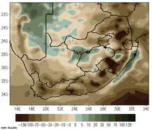 Verwachte hoeveelheid regen tegen het einde van de eeuw (ten opzichte van 1976-2005). Wederom bij een relatief gunstig scenario.