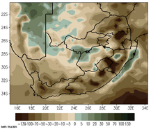 Verwachte hoeveelheid regen tegen het einde van de eeuw (ten opzichte van 1976-2005). Wederom bij een relatief gunstig scenario.