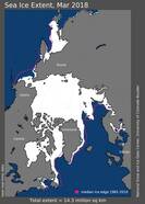 Figuur 3. Ruimtelijke verdeling Arctisch zee-ijs in maart 2018.