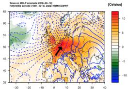 Voorspelling van maximumtemperatuur  (kleuren, Celsius) en gronddruk (contouren, mbar) anomalie voor dinsdag 18 september 2018 (ECMWF data tot 16/9 mbv KNMI Climate Explorer).