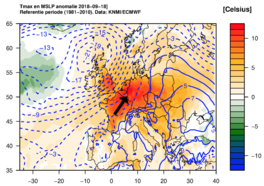 Voorspelling van maximumtemperatuur  (kleuren, Celsius) en gronddruk (contouren, mbar) anomalie voor dinsdag 18 september 2018 (ECMWF data tot 16/9 mbv KNMI Climate Explorer).