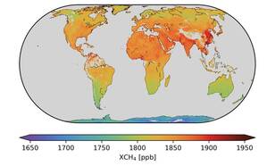 weredlkaart met eerste methaangegevens van Tropomi. Azië en de tropische breedtegraden springen er het meest uit.