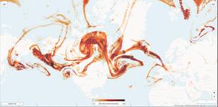 Kaart met TROPOMI zwaveldioxide totale kolommen op 9 juli 2019. 