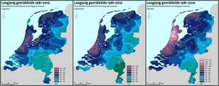 Figuur 3. De langjarige gemiddelde hoeveelheid neerslag in de maanden augustus, september & oktober, van links naar rechts. Bron: klimaatatlas van het KNMI.