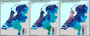 Figuur 3. De langjarige gemiddelde hoeveelheid neerslag in de maanden augustus, september & oktober, van links naar rechts. Bron: klimaatatlas van het KNMI.