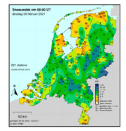 kaart met sneeuwdek in Nederland op 9 februari 2021.