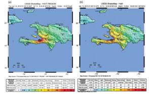 kaart met seismische shakemaps: (a) geschat ongeveer één dag na de aardbeving en (b) bijgewerkt en samengesteld op 27 januari 20