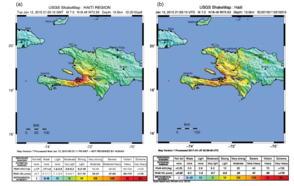 kaart met seismische shakemaps: (a) geschat ongeveer één dag na de aardbeving en (b) bijgewerkt en samengesteld op 27 januari 20