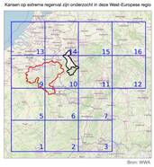 Onderzoeksgebied van de extreme regenval met in rood het stroomgebied van de Maas, zwart van de Ahr en de Erft en blauw een grotere West-Europese regio.