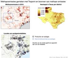Methaan emissies in 2019 in Texas afgeleid uit Tropomi metingen en ter vergelijk als bronnen van emissies de grootte van de veestapel en locatie van gas installaties.